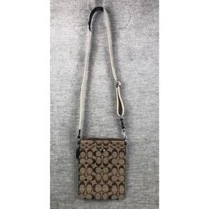 COACH Signature Monogram Slim Crossbody Bag Tan Canvas 10250 Silver Hardware